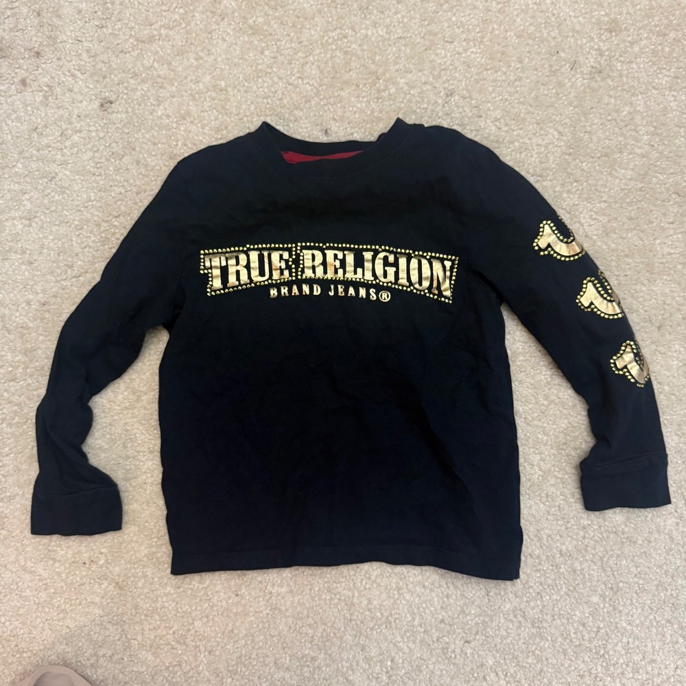 True Religion Black Gold Metallic Stud Logo LS Tee Shirt Kids Size M 5/6‎